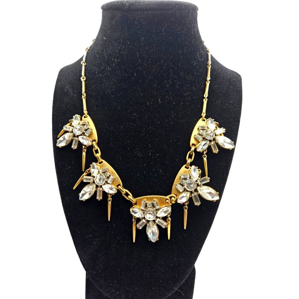 J. CREW signed vintage rhinestone gold icicle panel necklace 19" adj